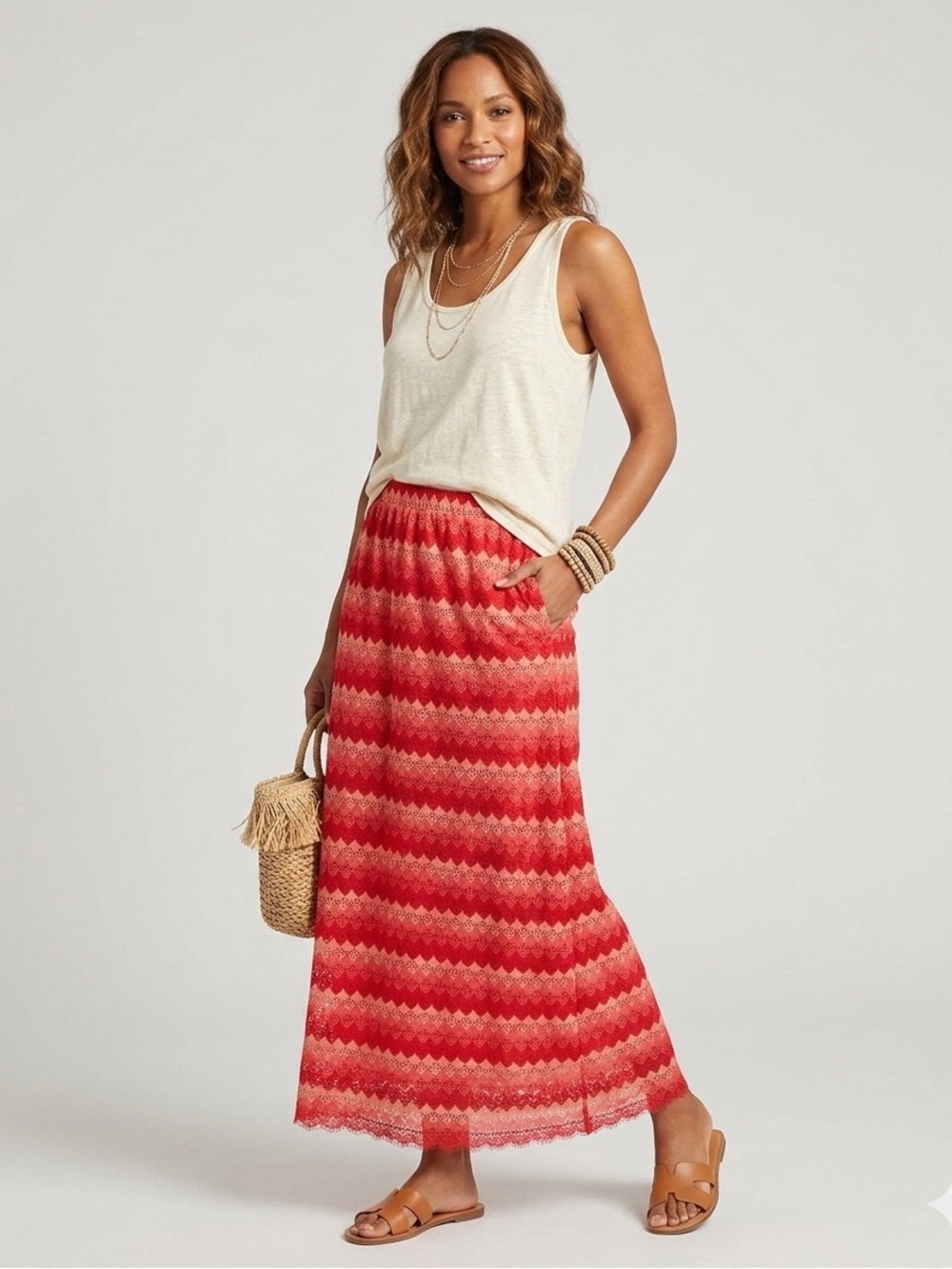 Chelsea & Violet Red Chevron Lace Maxi Skirt Size Large L Boho Crochet Geometric